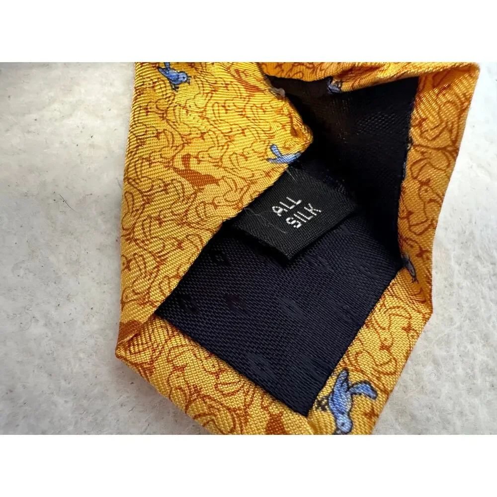 Tom James Executive Collection 100% Silk Tie Yellow with Rust and Blue Birds NWT